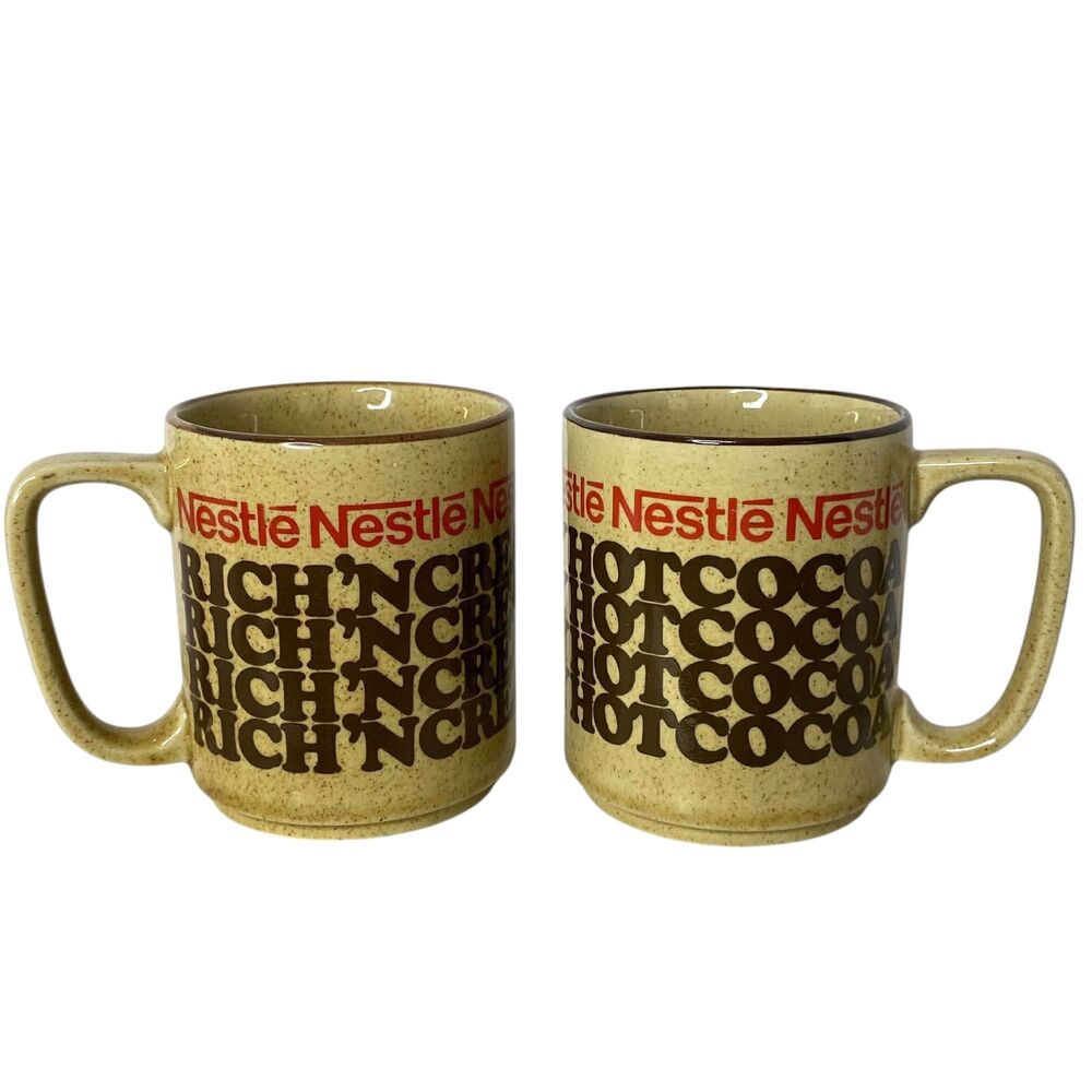Vintage 1970s Nestle Coffee & Hot Cocoa Mug Set Speckled Glaze Stoneware Cups